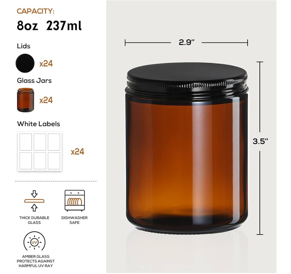 24 Pack 8oz Amber Glass Jars with Black Lids - For Candle Making, Food Storage, Canning, Spices, Liquids, Cosmetic Containers, Beauty Products- Leakproof & Dishwasher Safe