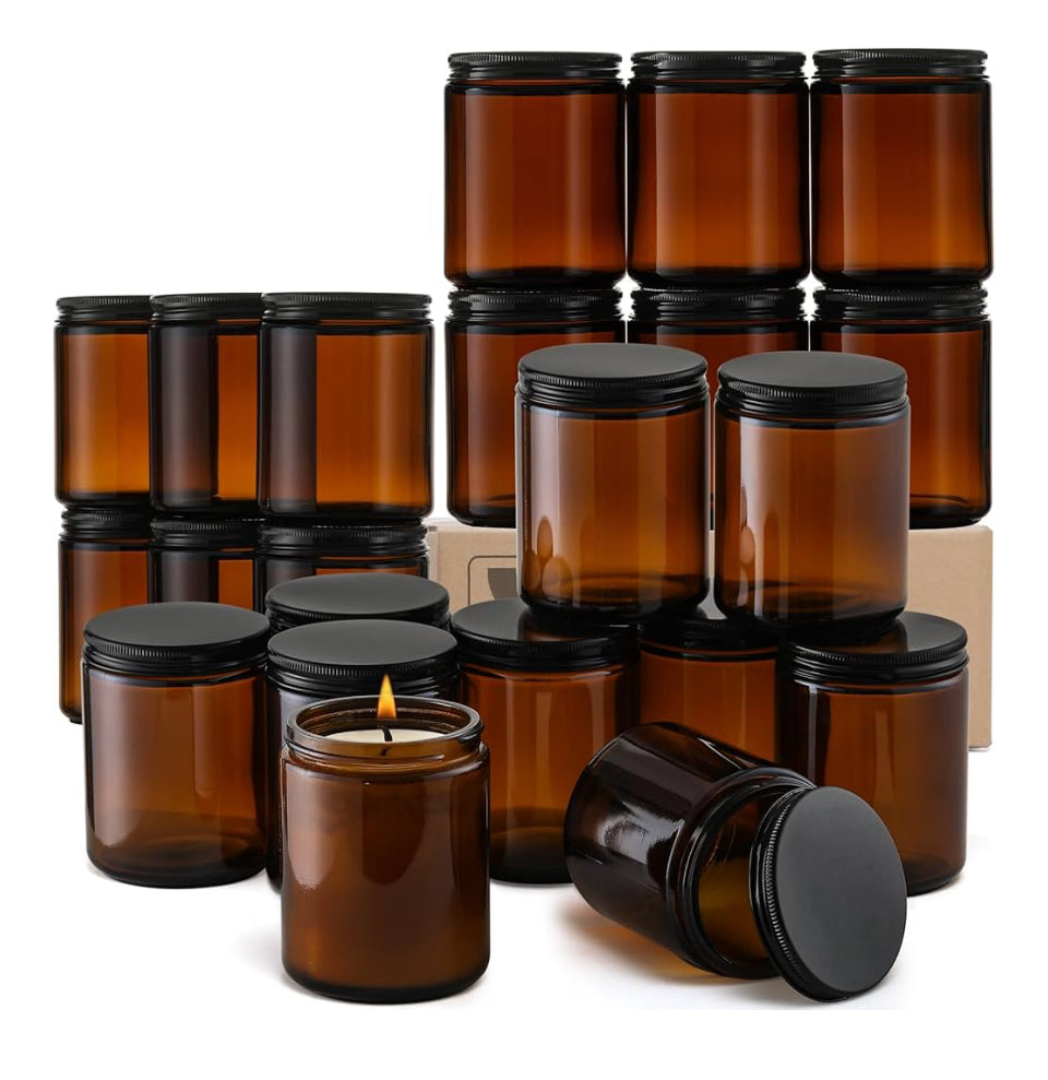24 Pack 8oz Amber Glass Jars with Black Lids - For Candle Making, Food Storage, Canning, Spices, Liquids, Cosmetic Containers, Beauty Products- Leakproof & Dishwasher Safe