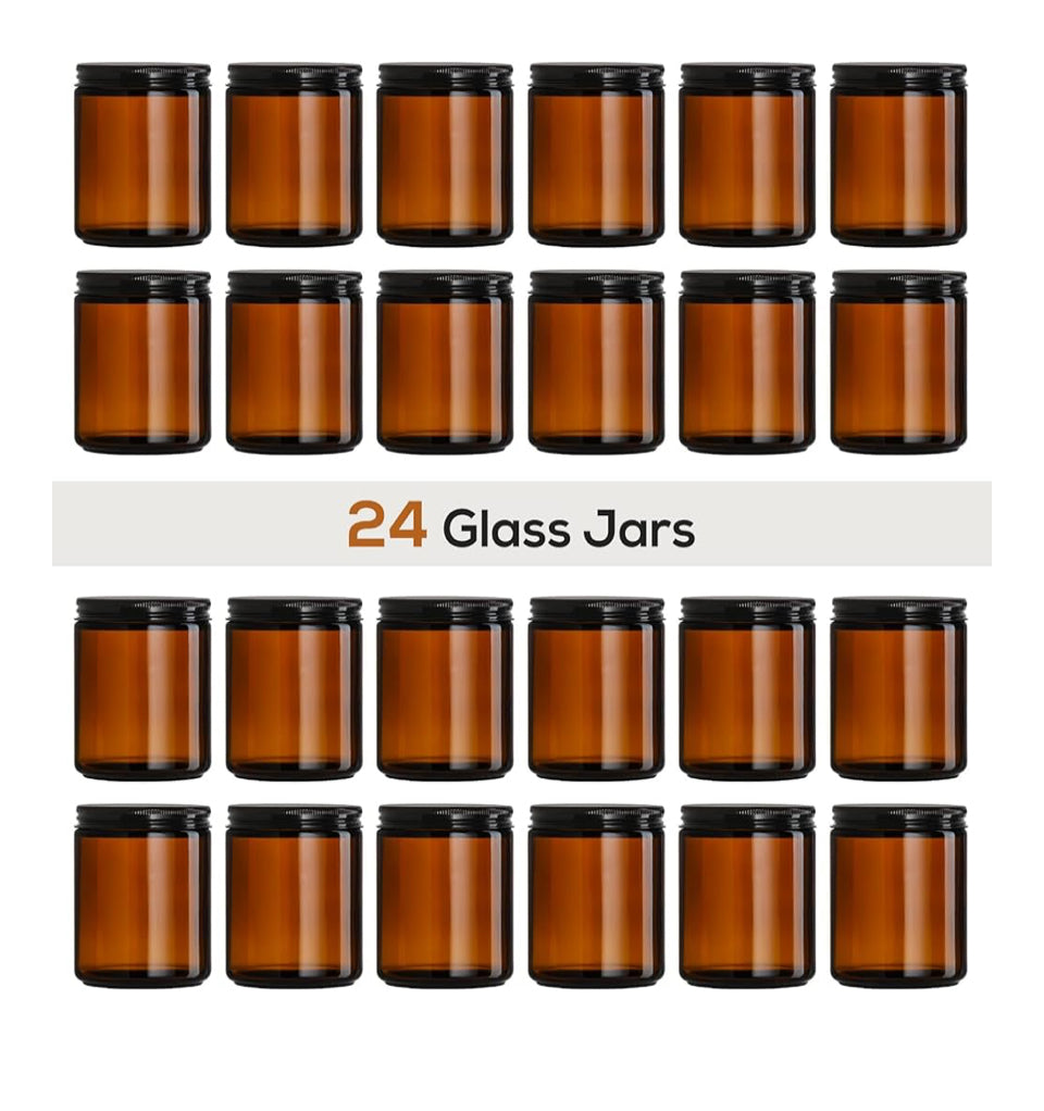 24 Pack 8oz Amber Glass Jars with Black Lids - For Candle Making, Food Storage, Canning, Spices, Liquids, Cosmetic Containers, Beauty Products- Leakproof & Dishwasher Safe